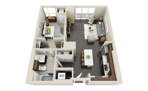 Floor plan for 1 bed, 1 bath, 734 sqft